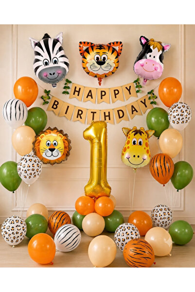 ALYA PARTİ Safari Temalı 1 YAŞ Doğum Günü Balon Seti Gold Rakam Folyo + Happy...
