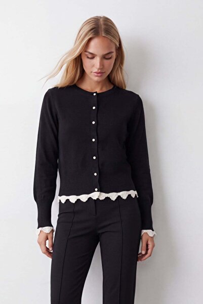 Trend Alaçatı Stili Women's Black Crew Neck Pearl Buttoned Knitwear Cardigan ...