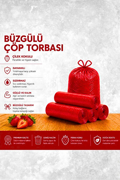 Tasarım Evi Büzgülü Çöp Poşeti Çilek Kokulu 65×70 cm Büyük Boy 5 Rulo Dayanıklı Sızdırmaz Kalın Çöp Torbası