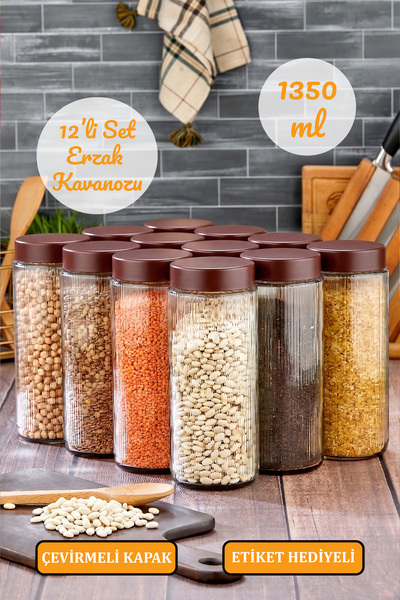 Roslina 12'li Plastik Kapaklı Cam Kavanoz Erzak Bakliyat Saklama Kabı Seti 13...