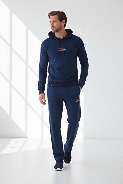 Piyera Men's Light Navy Blue Two-Thread Lettering Printed Hooded Tracksuit Se...