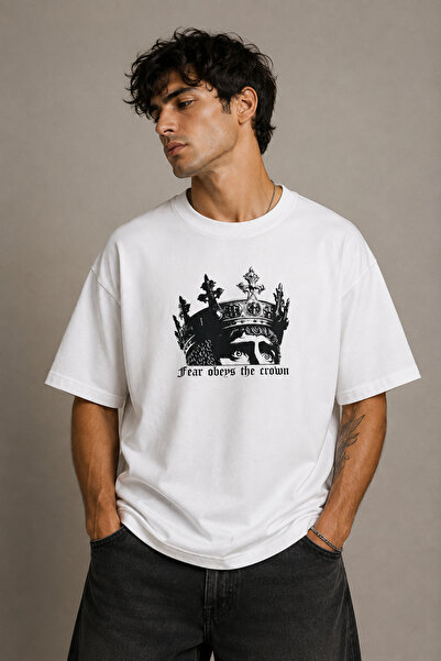 Dupe Design Tricou alb unisex oversize cu imprimeu coroană gotică