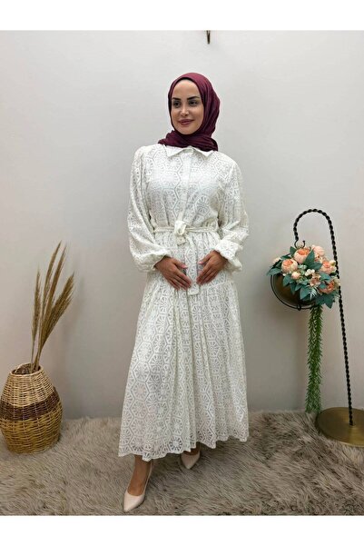jooq Lace Embroidered Belted Long Dress