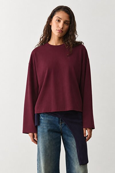 Seeh Burgundy Basic Crew Neck 100% Cotton Long Sleeve T-Shirt Sh397