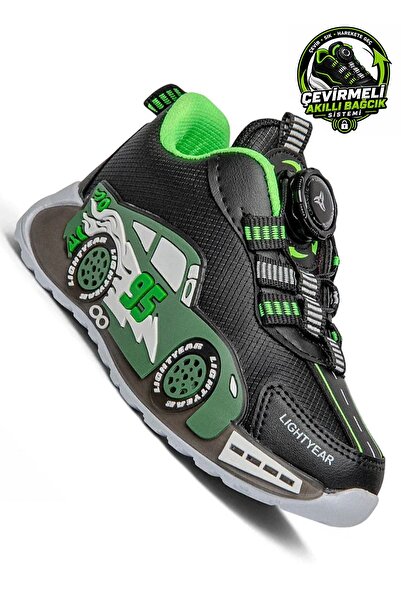 Kid's World Black Green Race Car Patterned Smart Lace-Up Boys' Sports Shoes