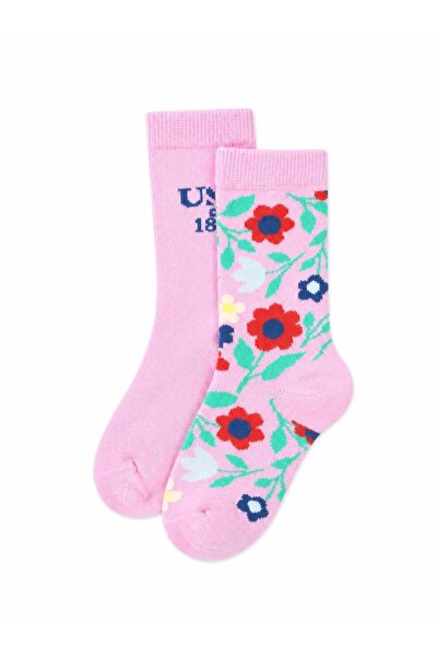 U.S. Polo Assn. Girl's Floral Patterned 2-Piece Sock Set Fuchsia