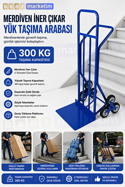BantMarketim 300 Kg Merdiven İner Çıkar Koli Taşıma Arabası 6 Tekerlekli Ağır...