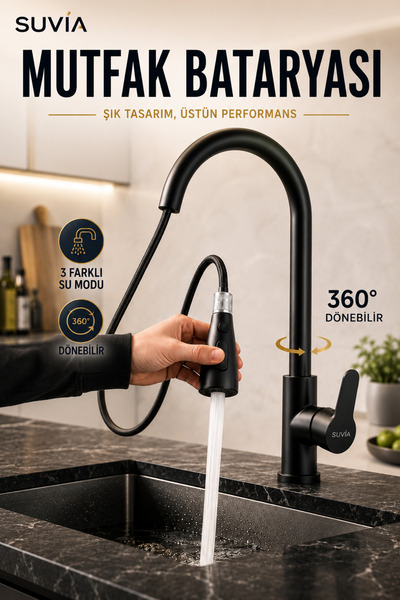 SUVİA Kitchen Faucet 3 Functions 360 °   Swivel Extendable Pull-Out Head Kitc...