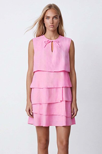 Trend Alaçatı Stili Women's Pink Tie-Dye Detailed Layered Mini Poplin Dress A...