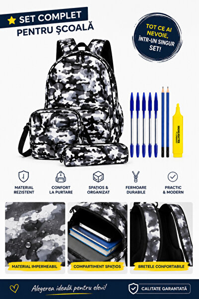 Generic Brand Set Ghiozdan Școlar Camuflaj cu Penar și Accesorii – 5 Pixuri A...