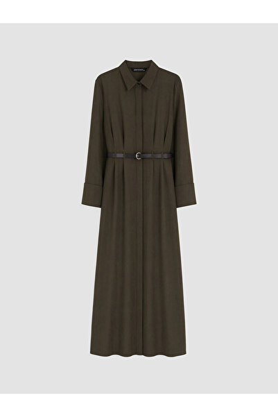 LC Waikiki Lcw Modest Khaki Belted Pleated Shirt Dress