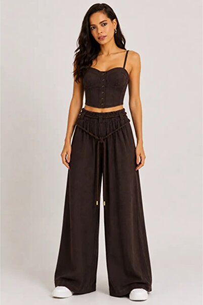 Cool & Sexy Brown Corset & Palazzo Pants Two-Piece Set