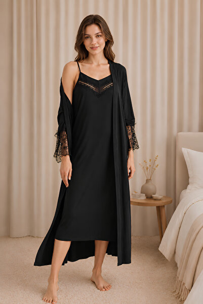 Jusmart Black Low-Cut Collar and Lace Sleeves Robe Set |   V-Neck Lez Lace De...