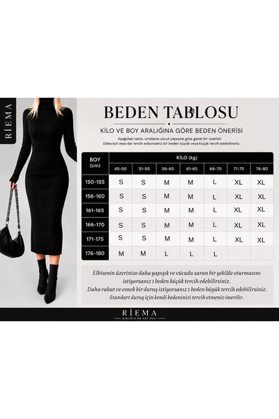 RİEMA Women's Black Turtleneck Midi Length Ribbed Knitwear Pencil Dress