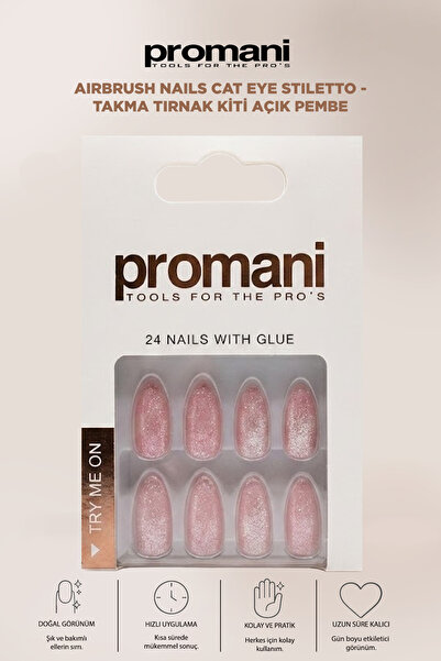 Promani Airbrush Nails Cat Eye Stiletto - Takma Tırnak Kiti Açık Pembe