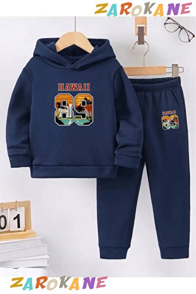 ZAROKANE Hawai89 Printed Winter Children's Hooded Top and Bottom Cotton Track...