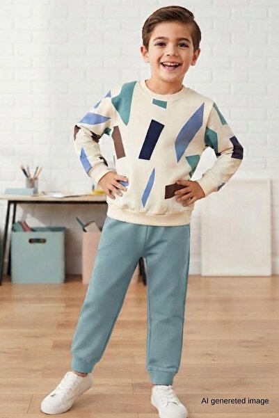 Zaziko Kids Boy's Geometric Patterned School Daily Tracksuit Set Esf7038
