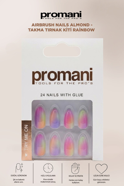 Promani Airbrush Nails Almond - Takma Tırnak Kiti Rainbow