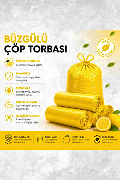 Tasarım Evi Büzgülü Çöp Poşeti Çilek Limon Lavanta Kokulu 65×70 cm Büyük Boy 3 Rulo Çöp Torbası