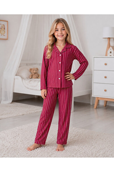 zahider Girls Cotton Striped Long-Sleeved Buttoned Pajama Set Suede