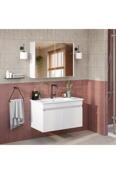 ROOMART '' Lavabolu '' Mat Mdf 80 Cm Banyo Alt Dolabı + Aynalı Üst Dolabı , Banyo Dolabı Takımı