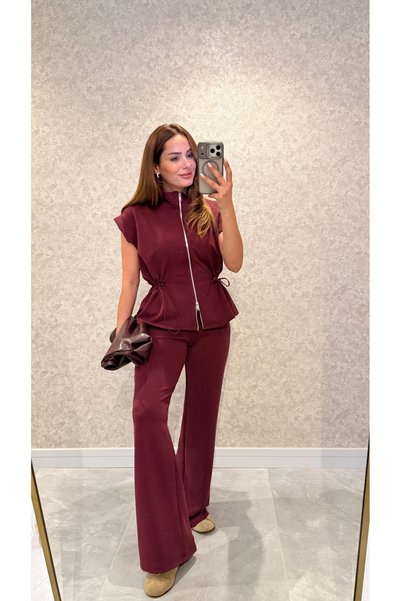 pelin yıldız butik Bordo Fern Beli Bağlamalı Sıfır Kol Yelek Pantolon Takım