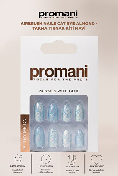 Promani Airbrush Nails Cat Eye Almond - Takma Tırnak Kiti Mavi