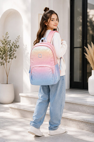 Marshmallow Premium School Backpack for Girls, Ciel-Corai Gradient with Glitt...