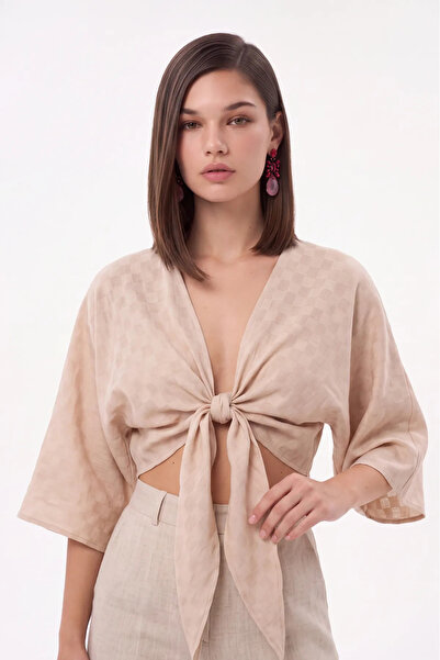 cemo Desenli Önden Bağlamalı Kimono Crop Bluz