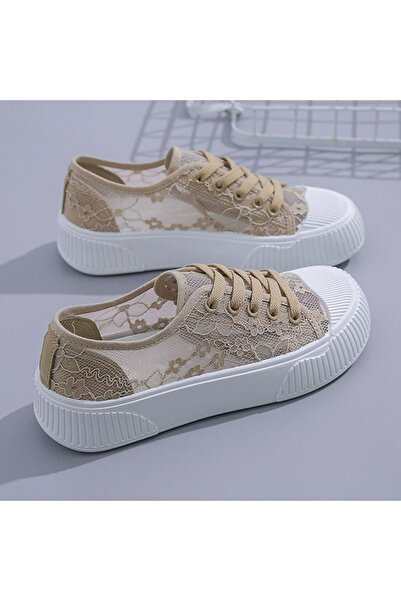 dorbe Women's Khaki Floral Mesh Lace-Up Sneakers