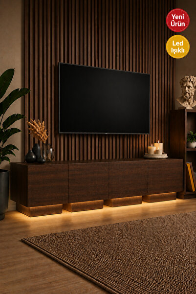 webotto 8 Alpiz Led Işıklı Koyu Ceviz Tv Ünitesi 4 kapaklı 174 cm Modüler Tv ...