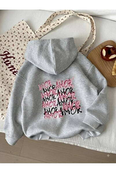 LELVANİ Women's Pink Amor Yazi Printed Hooded Sweatshirt