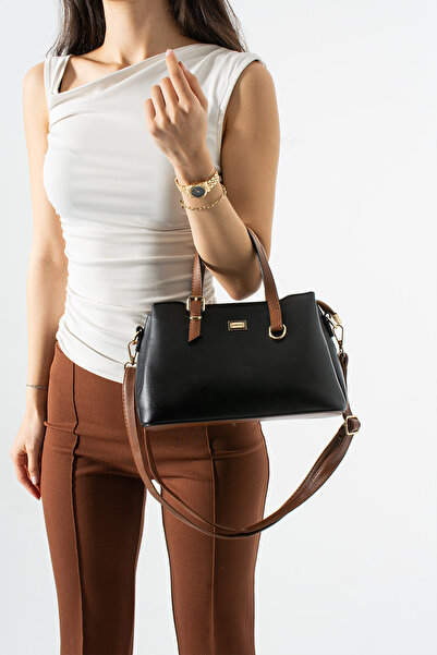 Sanmorris Black Tan Women's Medium Size Faux Leather Hand and Shoulder Bag Sn...