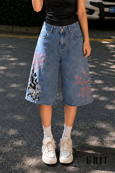 GRİİ WEAR Unisex Y2K Sakura Kapri Embroidered Wide Leg Oversize Denim Jort Be...