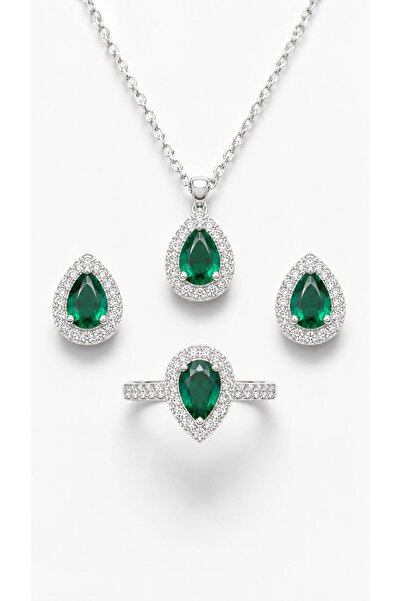 Valmont Emerald Green Crystal Stone Drop Necklace Earrings and Adjustable Rin...