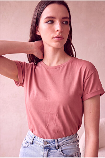 WESTMARK LONDON Women's Modal / Cotton Rose Color Folded Short Sleeve Detaile...