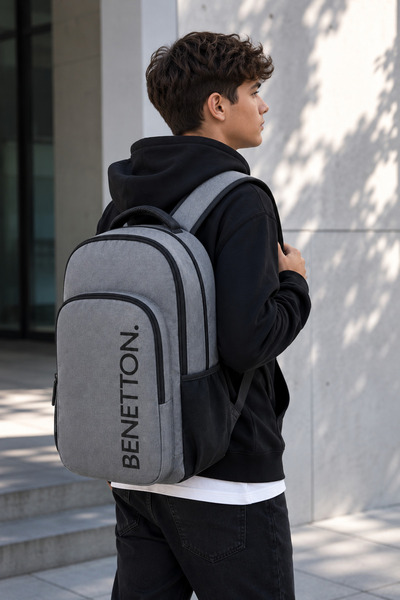 Benetton Ghiozdan Unisex Negru-Gri, 21L, 30x16x44 cm, 2 Compartimente