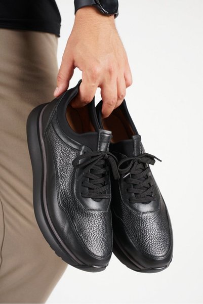 Fame Step Genuine Leather Men's Walking Shoes Casual Comfort Stretch Structure Laceless Use Orthopedic Daily Comfortable Sole Black Sneaker