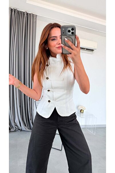 pelin yıldız butik Ekru Fiora Sıfır Kol Tasarım Yelek