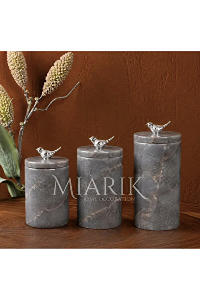 MIARIK DESIGN & DEKORASYON Dekoratif Gri Mermer Gümüş Renk Kus Aksesuarli 3 l...