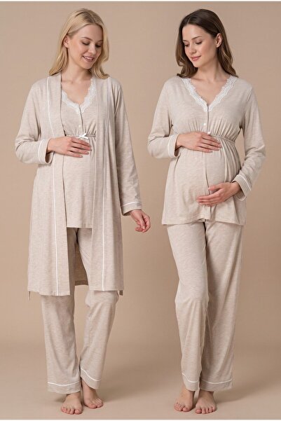 LOHOUSE Women's Beige Lace Buttoned Maternity Pajama Set with Dressing Gown f...