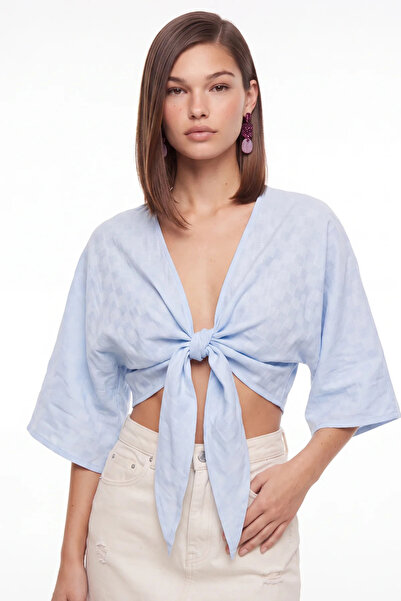 cemo Desenli Önden Bağlamalı Kimono Crop Bluz