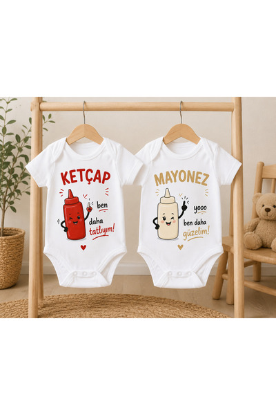 Novera Organic 100% Cotton Ketchup Mayonnaise Twin Baby Bodysuit for Girls
