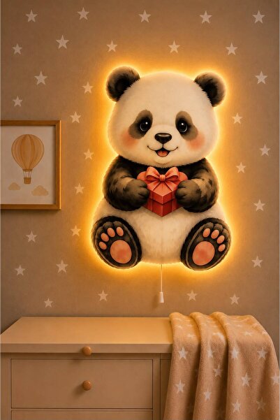 BugyBagy Ahşap Sevimli Panda Pilli Ledli Gece Lambası Yıldız Hediyeli Bebek Ç...