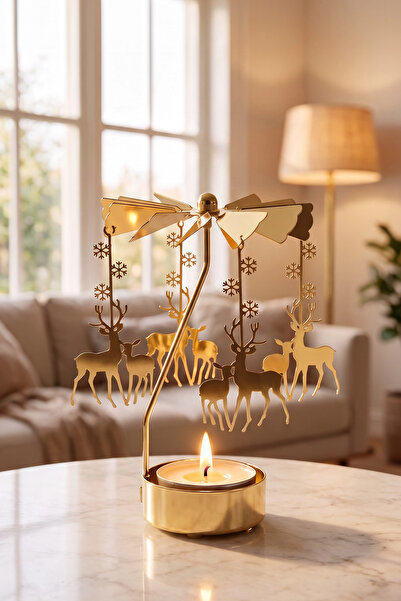 PRİME HOME Isı İle Dönen Geyik Mumluk (Gold/Altın)