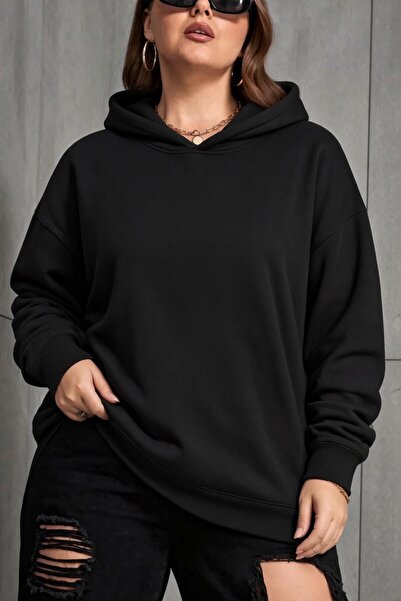 Oksit Bery Women's Large Size Oversized Basic Hooded Two-Thread Cotton Sweats...