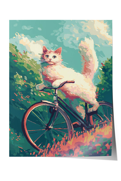 Zestia Poster Premium Pixel Art, Pisică albă călărind pe bicicletă, Decor pen...