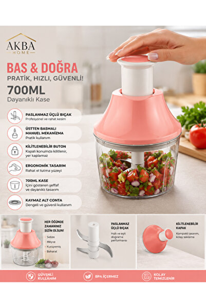 AKBA HOME Basmalı El Rondosu – 700 ML Paslanmaz 3 Bıçaklı Manuel Doğrayıcı, K...