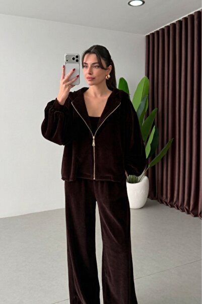 Miss Beyoğlu Women's Premium Quality Velvet 3-Piece Set