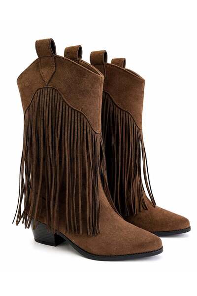 Preshley Women's Dakota Brown Suede Tasseled 5 cm Heeled Cowboy Boots